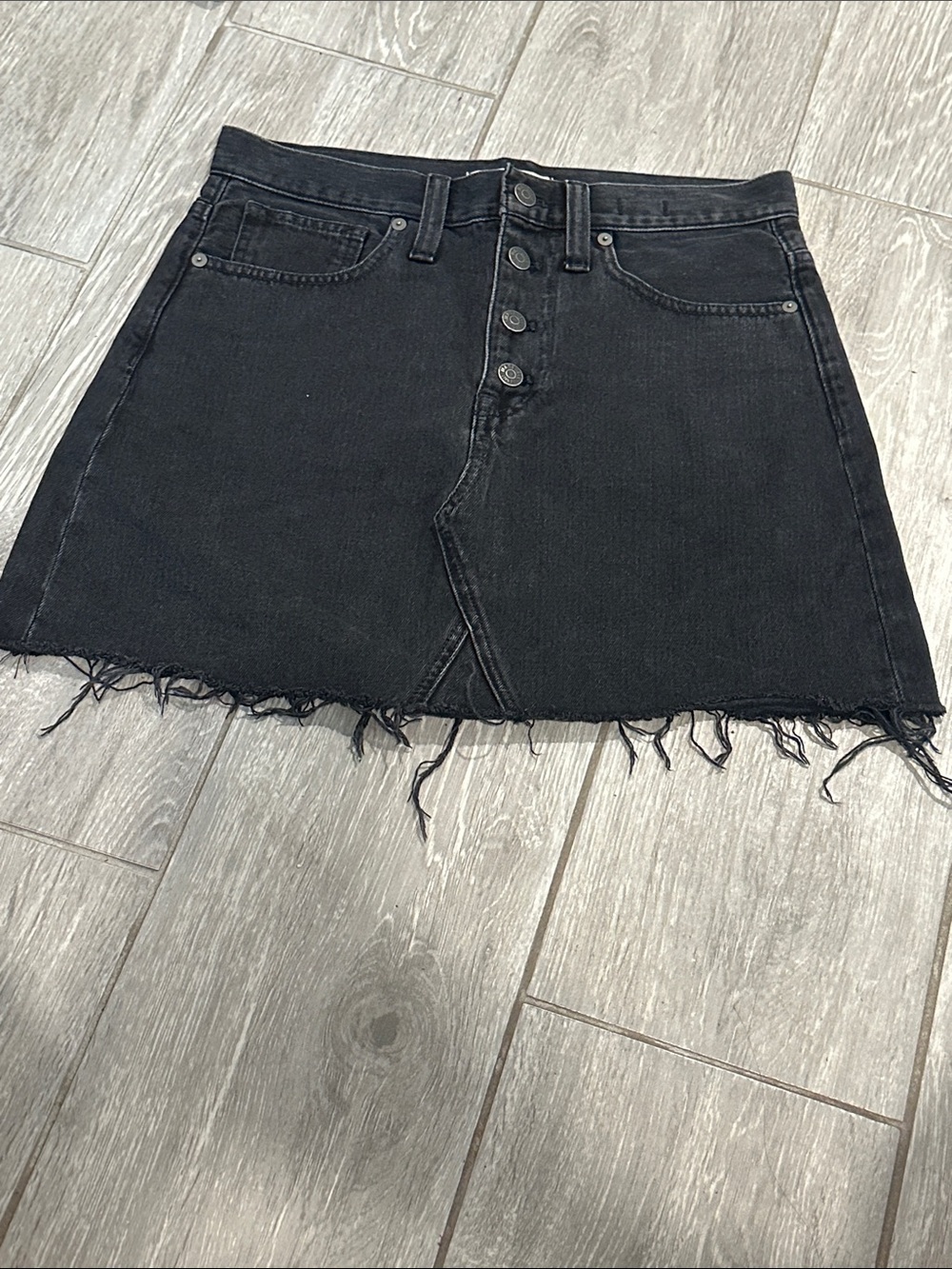 Madewell Black Raw-Hem Button-Front Denim Mini Skirt